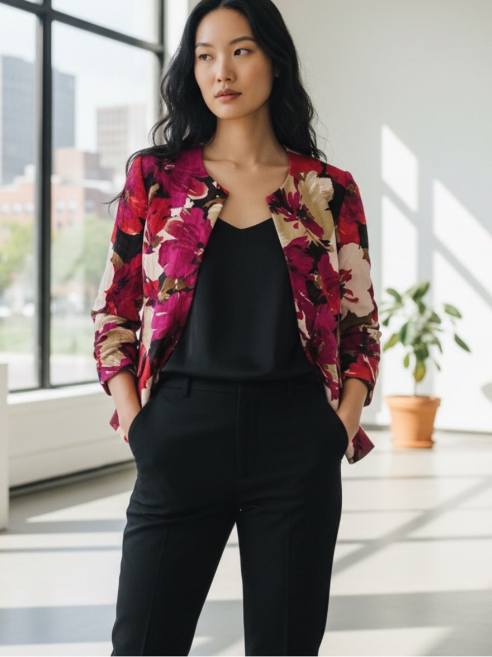 Evan Picone Kenya Stretch Jacket Blazer Fuchsia Pink Multi Floral Women’s size 6